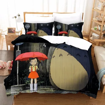 Høj kvalitet Tegneserie 3D Totoro Designer Sengetøj Sæt Sengetøj Med Pudebetræk, Dynebetræk King Size Seng Sæt Hjem Tekstiler F