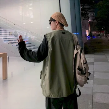 Multi-pocket værktøj taktisk vest mænd funktionel vind-ærmeløs vest koreansk stil trendy studerende alsidig jakke ins