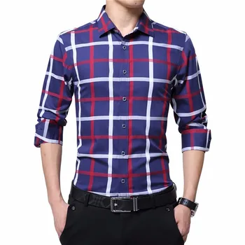 TFETTERS Brand Plus Size Casual Bomuld Plaid Shirt til Mænd med Lange Ærmer Rød / Hvid Ternet Turn Down Krave Kjole Skjorte for Manden