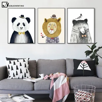 Cartoon Animal Bære Lion Panda Lærred, Plakat Minimalisme Nordisk Kunst Lærred Maleri Billeder Moderne Hjem Børn Værelses Wall Decor