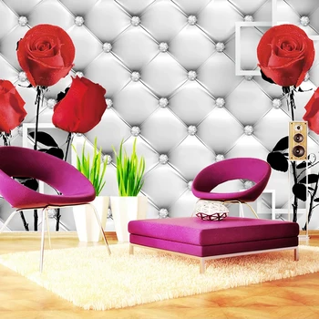 Rød Rose Blomst Væg Maleri 3D-Stereoskopisk og Bløde etui Læder Vægmaleri Tapet Stue med Sofa, TV Baggrund Foto Wall Paper