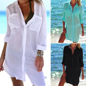 Hot 2019 Bomuld tunika styles til Stranden Kvinder Badedragt Cover-ups Kvinde Badetøj Beach Cover up Badetøj Mini Kjole Saida de Praia
