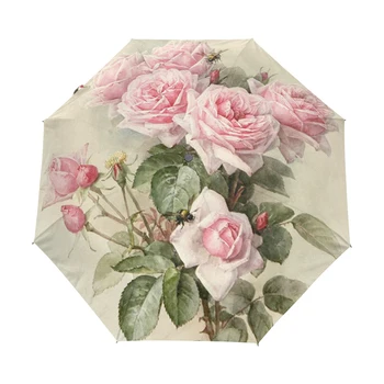 Vintage Lurvet Blomster Kvinder Regn Paraply Smarte Pink Rose Tre Folde Pige Holdbare Bærbare Parasoller Automatisk Regn Gear