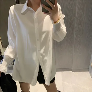 2021 Spring Nye To-delt Sæt Mode Kvinder Lanterne Ærme Hvid Skjorte Top + Casual Split strikket sweater Vest Med Belted