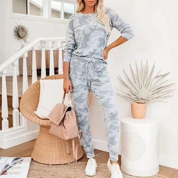 Kvinder Pyjamas Sæt langærmet Top Og Lange Bukser Casual Nattøj Tie-dye Print Pyjamas Kvinder Tøj Vinter Homewear