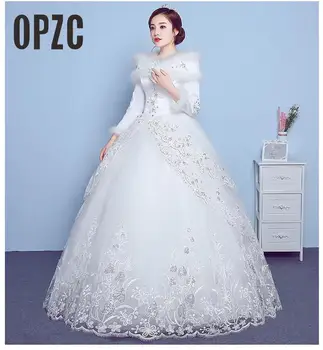 Vinteren Muslimske brudekjoler 2020 Lange Ærmer Hvid Organza Billige Bryllup Kjoler vestido noiva