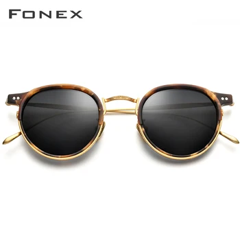 FONEX Titanium Solbrille Mænd Vintage Runde Acetat Polariserede solbriller til Kvinder 2020 Høj Kvalitet UV400 Solbriller 850