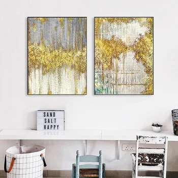 Gult Guld, Blå, Grønne Træ, Lærred Maleri Blad i Blomsten Store Plakater Moderne Wall Billede til stuen Tableau Salon