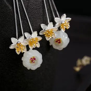Nye sølv indlagt naturlige Hetian hvid Kalcedon plum blossom Øreringe i Kinesisk stil med retro-charme fra kvinders luksus smykker