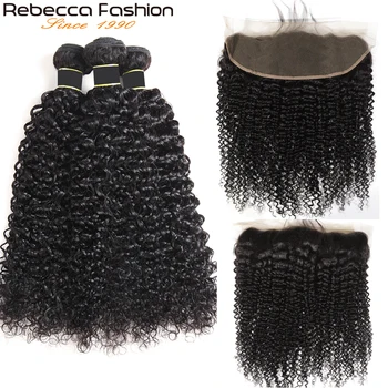 Rebecca Curly Hair 3 Bundter Med Lukning menneskehår Gennemsigtig HD Blonder Frontal Med Bundter Brazilian Hår Væve Bundter