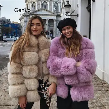 Satin Fox Fur Coat med Pels Krave Kvinder Falske Fox Fur Outwear Varm Frakke Pels Pels Kvindelige Jakke Pels Bløde Luksus Womans Overfrakke
