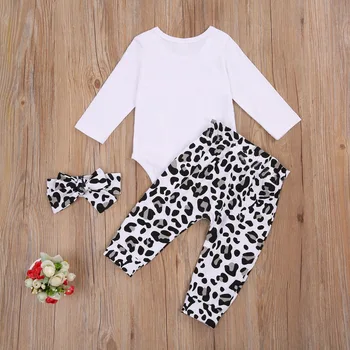 Nyfødte spædbarn Baby Pige 3stk Sæt Tøj med Lange Ærmer Brev Print Bodyer Leopard Bukser Hovedbøjle Valentins Dag Forår, Efterår