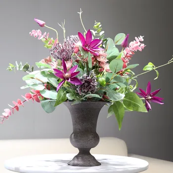 INDIGO Lilla Klematis Chrysanthemum (1 Sæt Med Vase) Kunstig Blomst Arrangement Bonsai Designet Jul Centerpiece