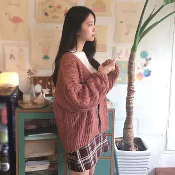 Helt Ny Koreansk Stil Kvinder Løs Cardigan Efteråret Vinter Varm Sweater Kawaii Pige Casual Lang Strikket Cardigan Outwear