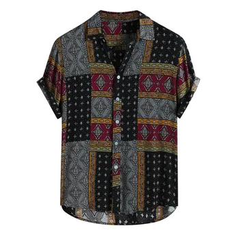 Mænd Shirt Etniske Trykte Shirts Sommeren Retro Vintage Streetwear Korte Ærmer Løs Knap Rayon Bluse Chemise Homme Camisa