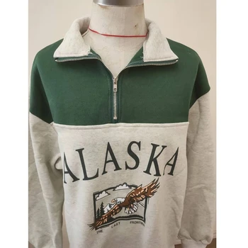 Vintage Hoody Mode Dame Bomuld Stå Krave Halv Lynlås Alaska Brev Udskrivning Langærmede Sweatshirts Casual Løs Hættetrøjer
