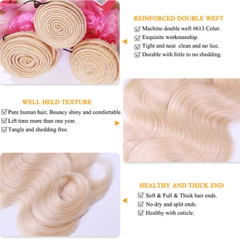 #613 Blonde Body Wave Brasilianske menneskehår Weave Bundter med Lukning, 3stk Remy Hår og 1pc Lace Lukning Dronning Hår 4stk/masse