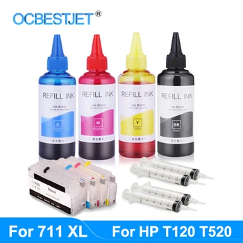 711 711XL Til HP DesignJet T120 T520 Inkjet Printer, Plotter Refill Blæk Kit 4-farve Patron Med BUE Chips og Dye Ink 400ml