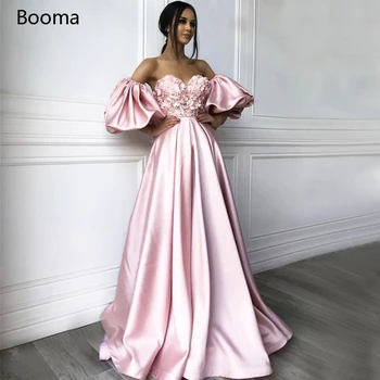 Arabisk Pink Satin Prom Kjoler Off Skulder Aftagelige Ærmer Aften Kjoler 3D Blomster Beaded A-Linje Lang Formelle Kjoler