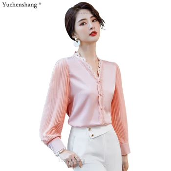 Høj Kvalitet i Nye Ankomst Elegant Pink Hvid V-Hals Lace Blouse Kvinder, Damer Pige Lange Lanterne Ærme Plisserede Shirt S-5XL Toppe