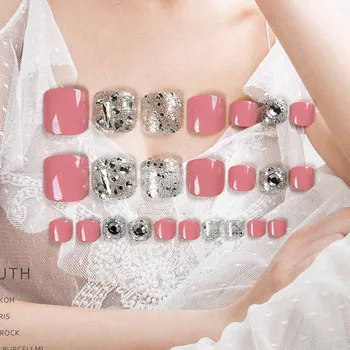 24pcs/sæt tryk på tånegle Sølv Rhinestone Pink Beauty Produkt tå negle med lim Fuld Dækning Færdig Fødder Patch Tool TY