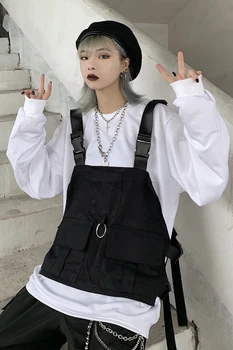 Harajuku Style Vest Mænd Kvinder Ærmeløs Jakke Streetwear Justerbar Mode Talje-Coat Lommer Hip Hop Taktiske Jakker Sort