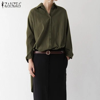 ZANZEA Elegant Kontor Bluse Kvinder Revers Hals Lang Skjorte Mode med Lange Ærmer Fast Split Blusas Casual Knapper Ned Top Tunika