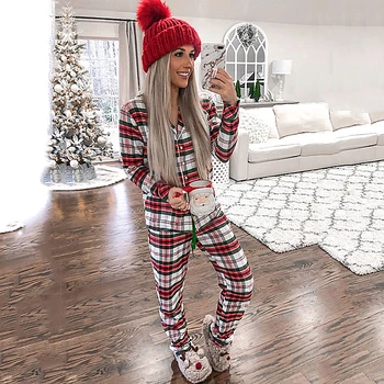 Julen Kvinder Pyjamas Sæt Røde Plaider Nattøj Efterår Og Vinter Med Lange Ærmer-Knappen Nede Top Snor Bukser Kvindelige Pyjamas