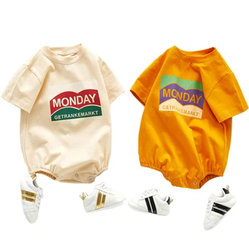 0-3Y Baby Piger Bodysuit Sommeren Spædbarn Solid kortærmet Bodyer Kids Ren Bomuld Casual Tøj Søde Brev Print Buksedragt