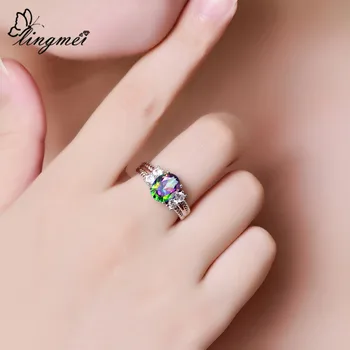 Lingmei Dropshipping Mode Oval Cut-Multi & Hvid Cubic Zircon Sølv Farve Smykker Ring Størrelse 6 7 8 9 Bryllup Nice Gifst