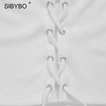 Sibybo Rib Strikkede Snøre Sexet T-Shirts Kvinder Efteråret Lange Ærmer O-Neck Tops Sort Hul Ud Streetwear Grundlæggende Tee 2020