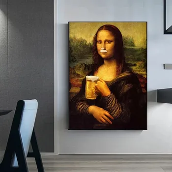 Spoof sjov Mona Lisa drikke øl Lærred Maleri Plakater og Print Quadro Væg Kunst Billede til stuen Cuadros Home Decor