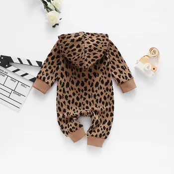 Leopard Print Babytøj Pige Romper Forår, Efterår Baby Boy Tøj Af Bomuld Med Lange Ærmer Hætteklædte Spædbarn Rompers 9-24 Måneder