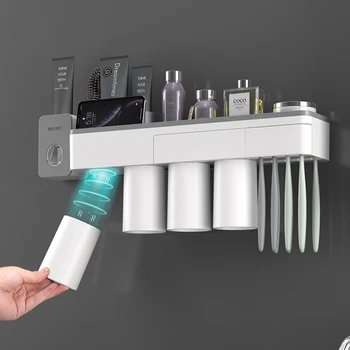 Top Sælge Tandbørsteholder Automatisk Tandpasta Dispenser Med Cup Vægbeslag Toiletartikler Storage Rack Badeværelse Tilbehør Sæt