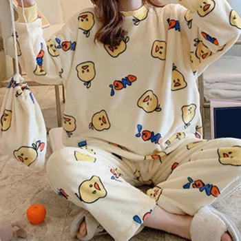 2020 Vinter Flannel Varme Pyjamas Koreanske Kawaii Tegnefilm Pyjamas Sæt Mode Pijama Mujer Fritid Hjem Klud Pyjama Kvinder Nattøj