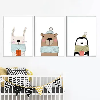 Kanin Bære Penguin Væg Kunst, Lærred Maleri Dyr Nordiske Plakater Og Prints Søde Wall Billeder Til Børneværelset Baby Room Decor