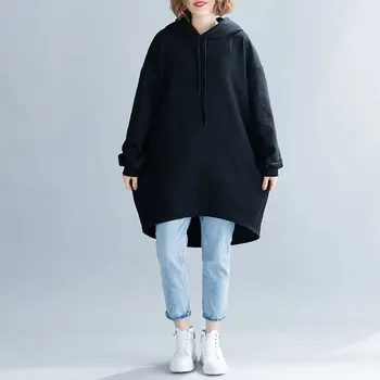 DIMANAF 2020 Plus Size Kvinder Hættetrøjer Sweatshirts Vinter Fortykkelse Solid Kvindelige Patchwork O-Hals Trøjer Bomuld Løs Hættetrøjer