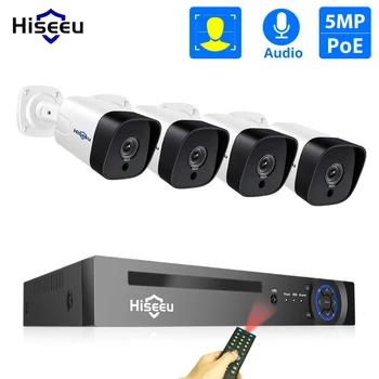 Hiseeu 8CH 5MP POE NVR Kit H. 265 Sikkerhed Kamera System Audio Record AI IP Kamera Udendørs Vandtæt P2P Videoovervågning Sæt