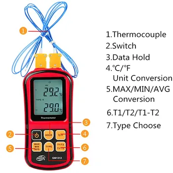 GM1312 Termoelement Termometer Temperatur Måler Temp Tester TEMP Måling af Værktøjs--50~300℃ Temperatur Målere Med Baggrundslys 35%