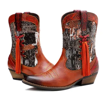 Klassisk Broderet Vestlige Cowboy, Ankel Støvler Til Kvinder I Ægte Læder Sort Støvler Med Chunky Hæle Sko Kvinde Håndlavede Støvler