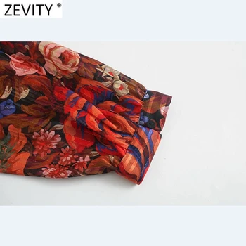 Zevity 2021 Kvinder Vintage Sløjfe Bundet Krave Totem Blomst Udskrivning Afslappet Slank Kimono Kjole Kvindelige Smarte Side Lynlås Vestido DS5039