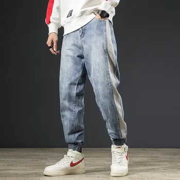 American Street Fashion Mænd Jeans I Loose Fit Stribe Designer Harem Jeans, Cargo Bukser Broderi Splejset Hip Hop Joggere Jeans Til Mænd
