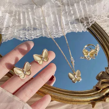 Hvid Fritillary Butterfly Women Halskæde, Øreringe Og Ring Sæt Lys Luksus Smykker