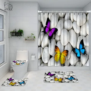 NYAA Sjove 3D-Småsten, Sten Badeværelse Sæt Zen Sten & Butterfly Vandtæt Moderne badeforhæng Toilet Dække Måtten Ikke Glider Tæppe