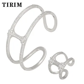 TIRIM Trendy Luksus Zircon Guld Farve Cuff Bangle Ring Sæt Til Kvinder Bryllup Fuld Mirco Banet Dubai Armbånd Banket Smykker