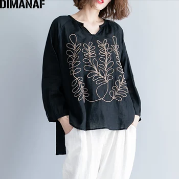 DIMANAF Kvinder Bluse Shirts Efteråret Plus Size Vintage Sort Broderi Kvindelige Løs Casual Bomuld Toppe Stort Tøj 2019