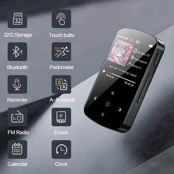 BENJIE M9 MP3-Afspiller, Bluetooth 4.2 Mini Bærbare Klip Sport-Afspiller Touch-Knappen 32GB Kapacitet Support Optagelse af E-Bog Skridttæller