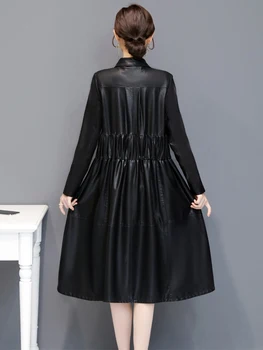 Lautaro Kvinders læder jakker og frakker Plus size falde tøj til kvinder 7xl Lang sort plisseret imiteret læder frakke 2020 foråret