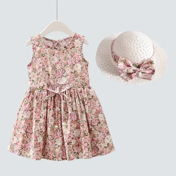 Hot salg 2020 Børn piger ny sommerkjole, børn mode blomster print bomuld kjole med hat for piger 3-8 år !