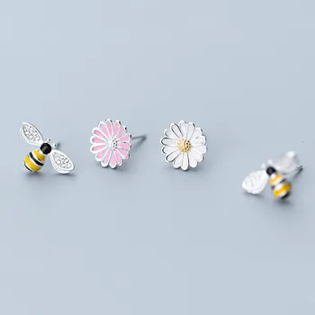 INZATT Asymmetri Pink Hvid Emalje Blomst Søde Zircon Bee Stud Øreringe 2018 Charm i 925 Sterling Sølv, med Fine Smykker Til Kvinder